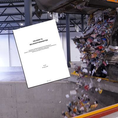 Fotomontasje med søppelbil og dokument om selvkost.